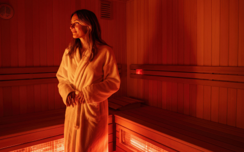 A woman standing in front of an infrared sauna at SoulBody Studios in Fort Myers, FL, ready for a rejuvenating recovery therapy session.